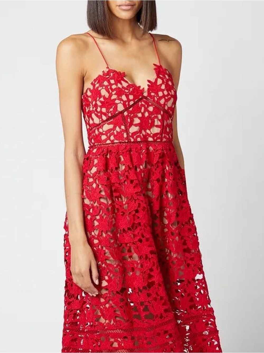 Vici Red Floral Lace Midi Dress with Spaghetti Straps